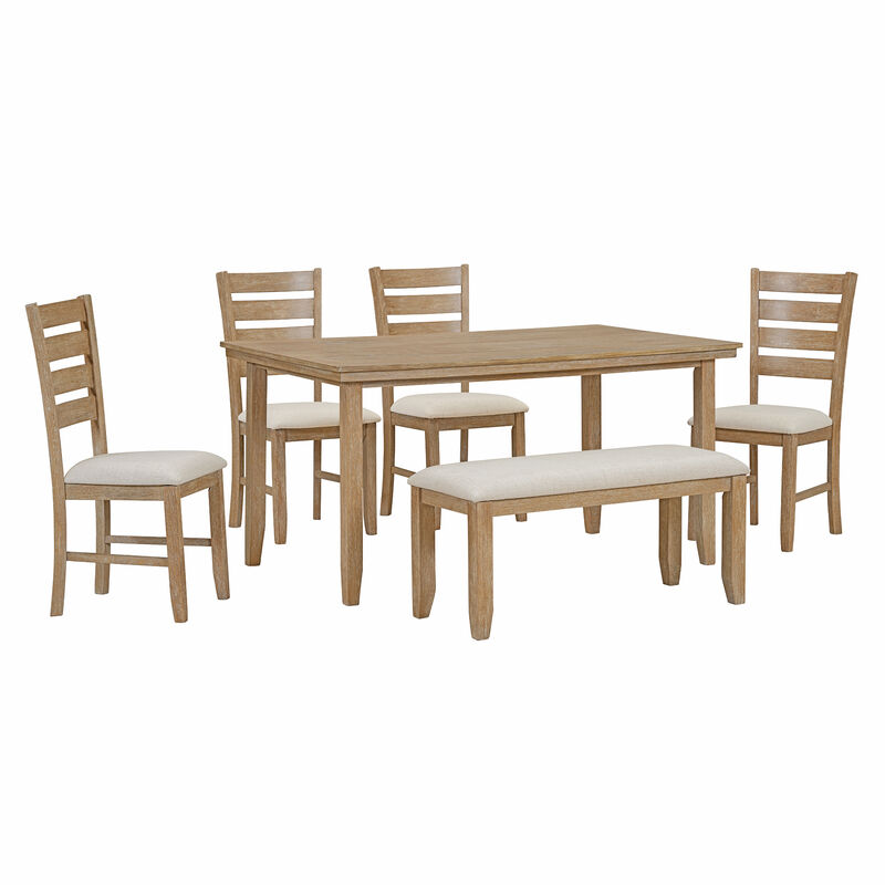 Dining Room Table and Chairs with Bench, Rustic Wood Dining Set, Set of 6 (Natural Wood Wash)