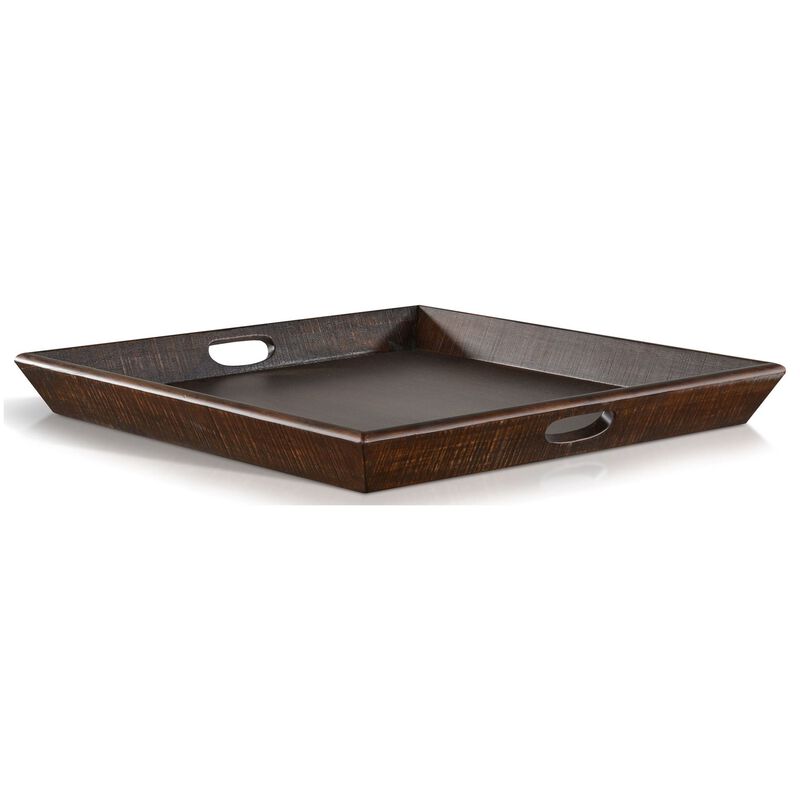 Flint Decorative Serving Tray, 27x27 Square Dark Rustic Oak Brown - Benzara
