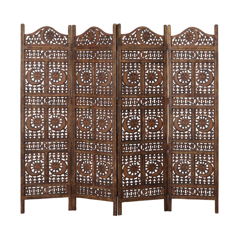 71 Inch 4 Panel Mango Wood Room Divider, Hand Carved, Sun & Moon Design, Brown-Benzara