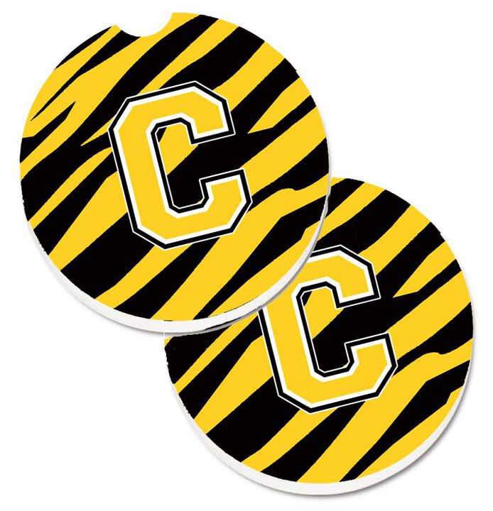 Caroline's Treasures Monogram Initial C Tiger Stripe - black Gold Set of 2 Cup Holder Car Coasters CJ1026-CCARC, 2.56, Multicolor