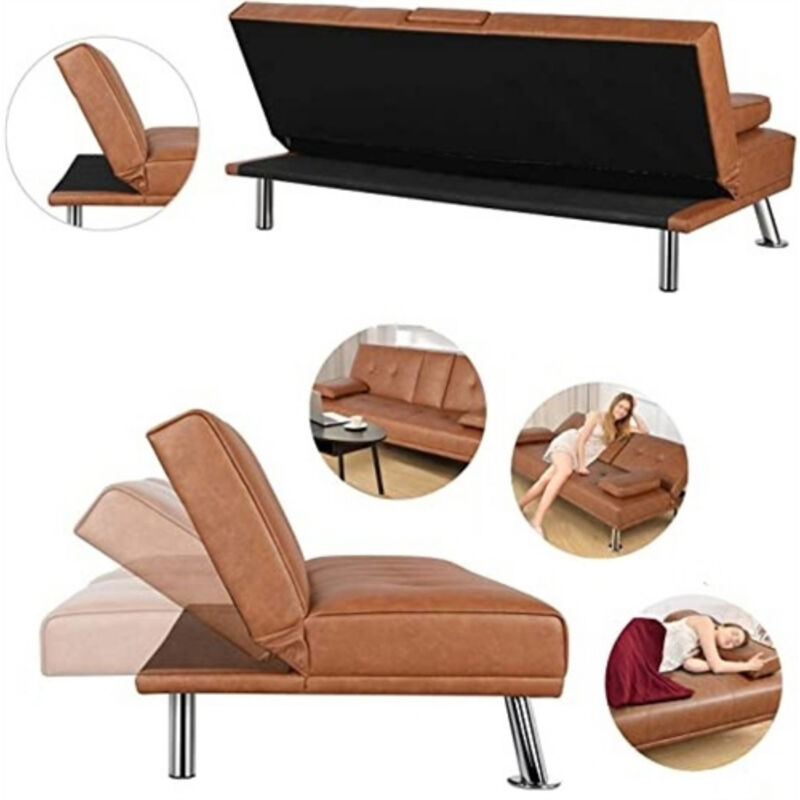 Modern Faux Leather Convertible Sofa Bed Futon with Cup Holders