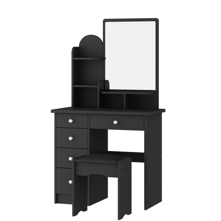 5-Drawers Black Makeup Vanity Sets Wood Dressing Sets With Big Mirror, Stool and 3-Tier Storage Shelves
