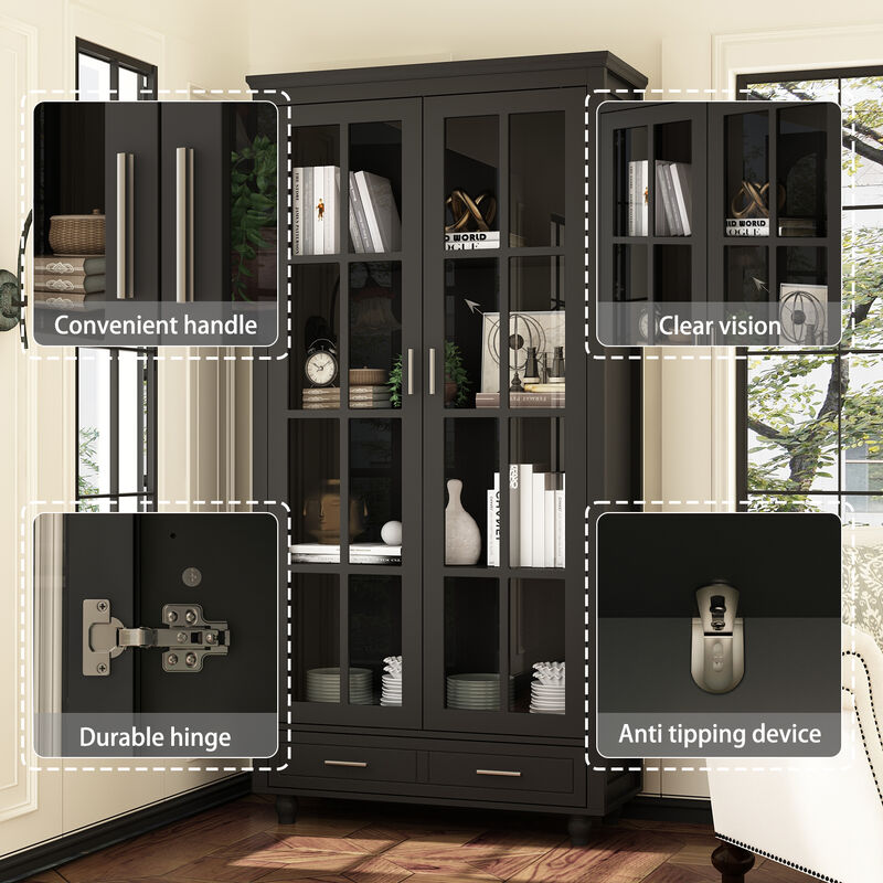 FUFU&GAGA Black Bookcase with Storage & Drawers, P2 MDF & Tempered Glass Construction (70.9" H x 36.2" W x 14.6" D), Black