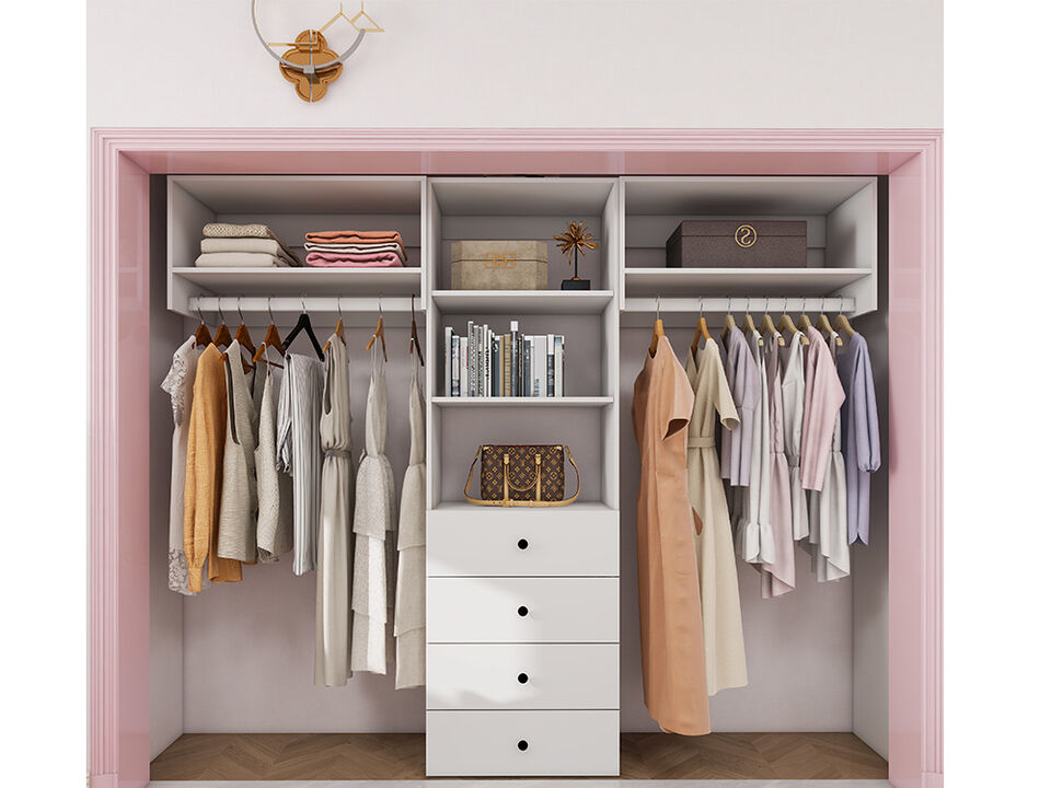 71"H Closet Organizer System, Closet System with 4 Drawers, 2  Clothing Racks, Walk in Closet Organizers and Storage with 5 Shelves Wall Mounted, White Wardrobe Closet for Bedroom