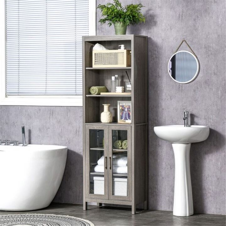 Bathroom Hamper Cabinet with Pull-Out Laundry Bin and Storage Shelves