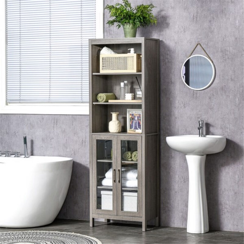 Bathroom Hamper Cabinet with Pull-Out Laundry Bin and Storage Shelves