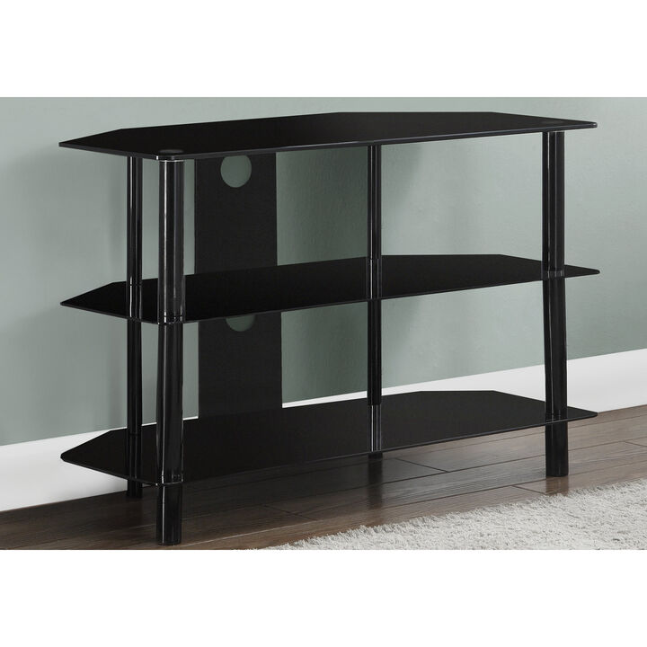 Monarch Specialties I 2506 Tv Stand, 36 Inch, Console, Media Entertainment Center, Storage Shelves, Living Room, Bedroom, Tempered Glass, Metal, Black, Clear, Contemporary, Modern
