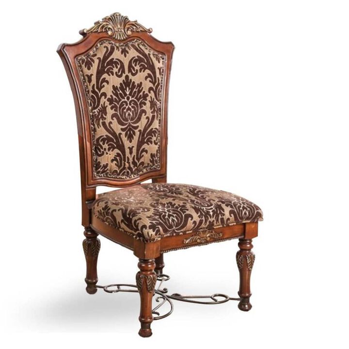 Brown Cherry Side Chairs with Floral Design Seats