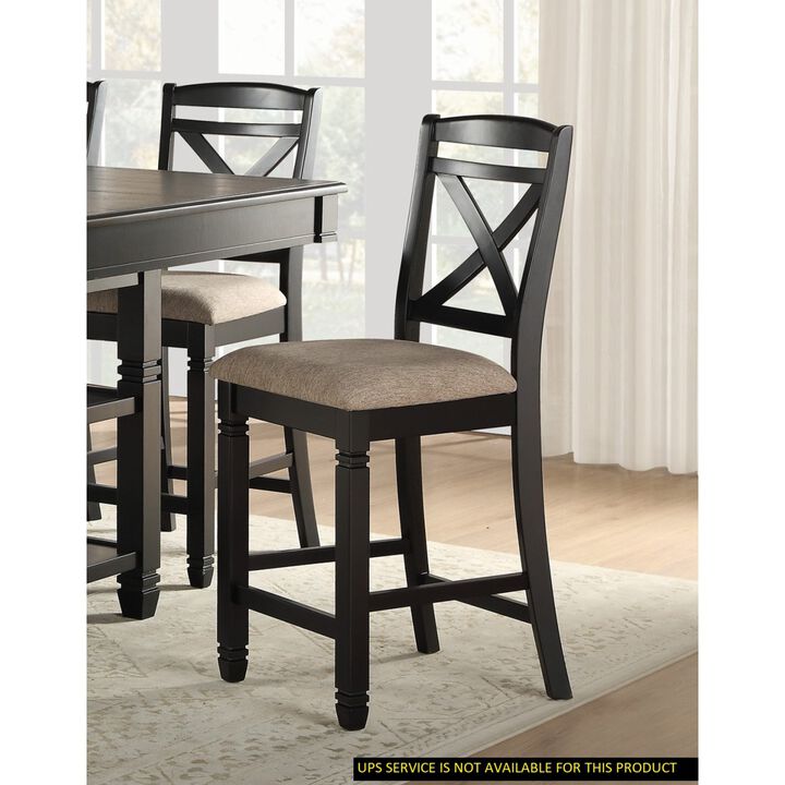 Transitional Style Dining Chairs Set, 2 Piece, Black Wood, Beige Fabric Seat