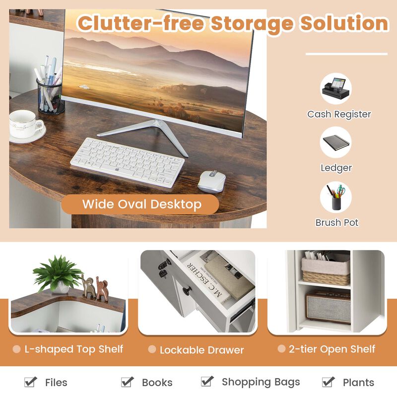 Costway Front Reception Counter Desk Checkout Office Desk with Open Shelf & Lockable Drawer