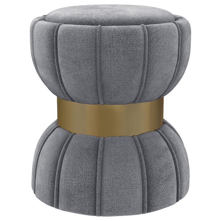 Soraya Ottoman, Tufted Gray Fabric, Round 17 Inch, Gold Metal Band - Benzara