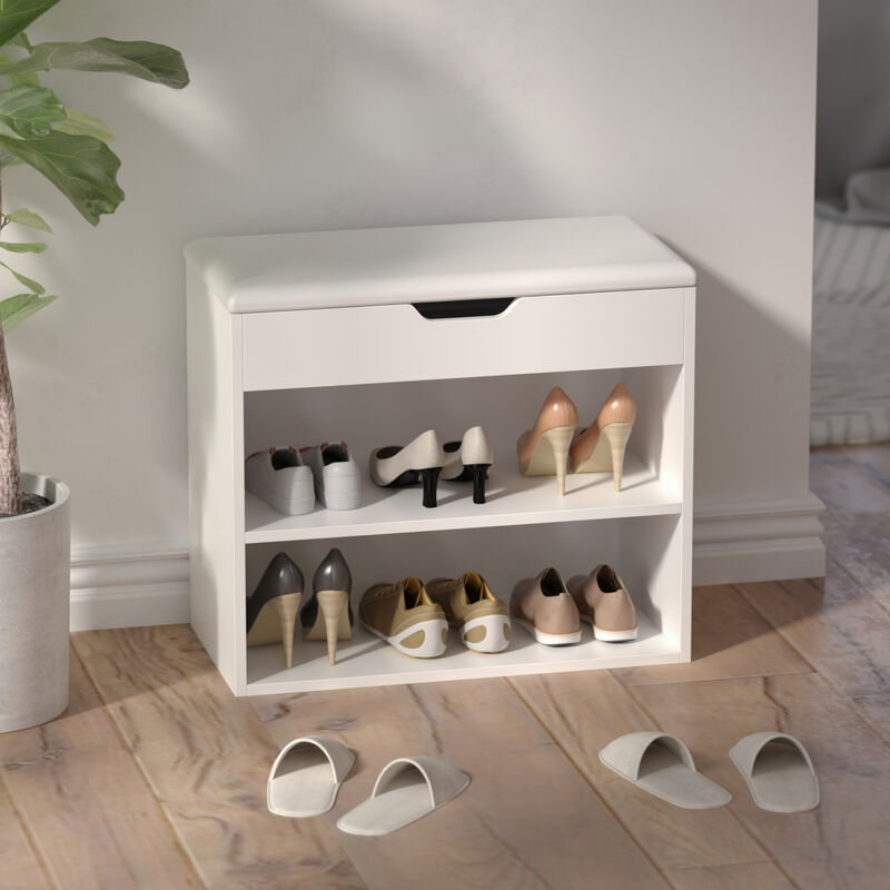 21.2 in. H x 24 in. W 6-Pair Shoes White Wood Shoe Storage Bench with Hidden Storage Compartment
