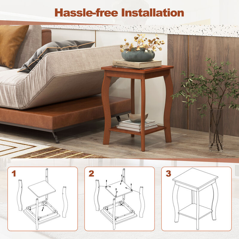 Set of 2 15 Inch 2-Tier Square End Table with Storage Shelf - Walnut