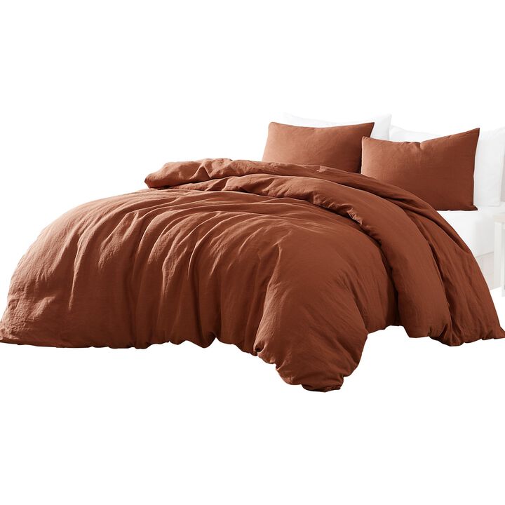 Edge 4 Piece King Size Duvet Comforter Set, Washed Linen, Rust Orange - Benzara Edge 4 Piece King Size Duvet Comforter Set, Washed Linen, Rust Orange - Benzara