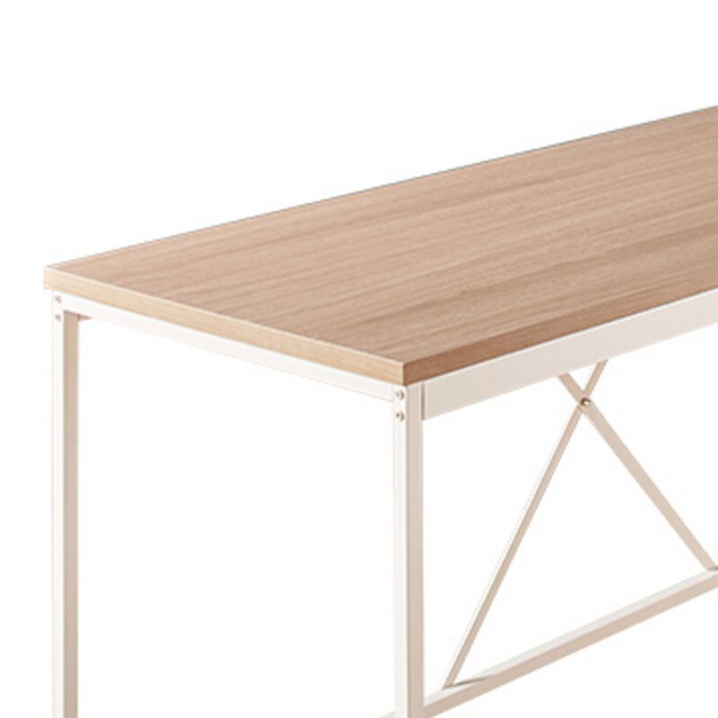 Posy Corner Desk, L Shaped White Metal Frame, X Crossed, Oak Brown Wood Top - Benzara