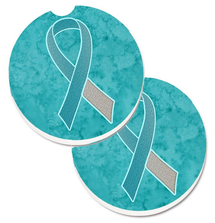 Caroline's Treasures Teal & White Ribbon For Cervical Cancer Awareness Set of 2 Cup Holder Car Coasters AN1215CARC, 2.56, Multicolor