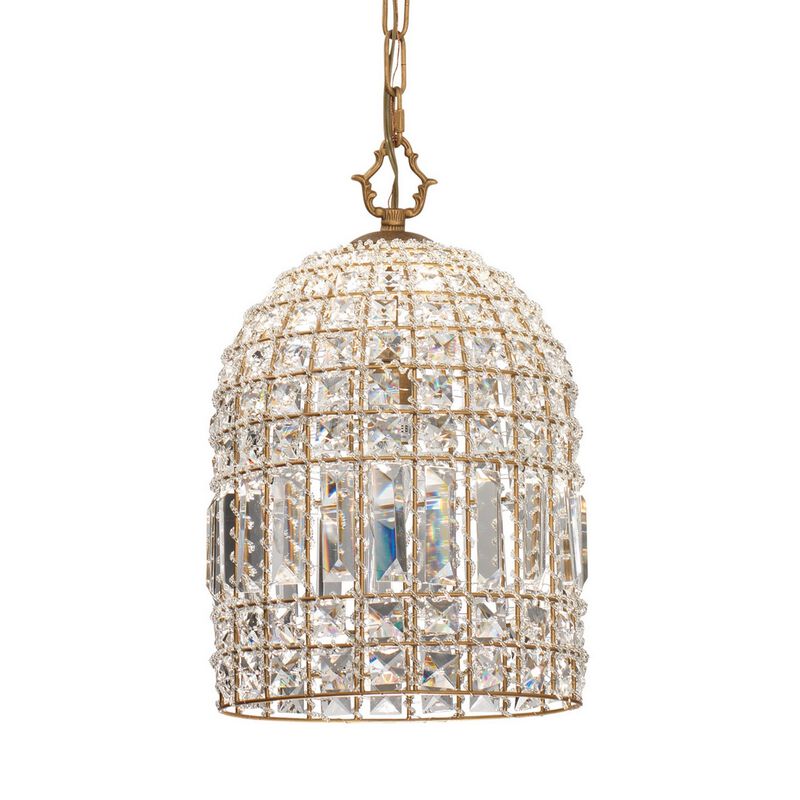 Pendant Chandelier with Dome Metal Frame and Crystal Accents, Gold-Benzara