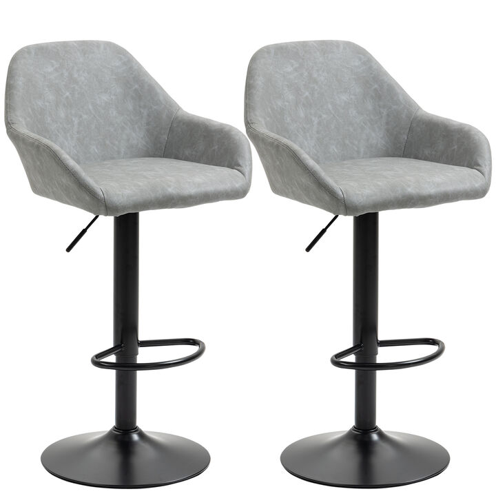 HOMCOM Adjustable Bar Stools, Swivel Counter Height Barstools with Footrest and Back, PU Leather and Steel Round Base, for Kitchen Counter and Dining Room, Set of 2, Black