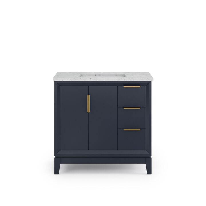 Elizabeth 36 In. Single Sink Carrara White Marble Countertop Bath Vanity In Monarch Blue with Satin Gold Hardware