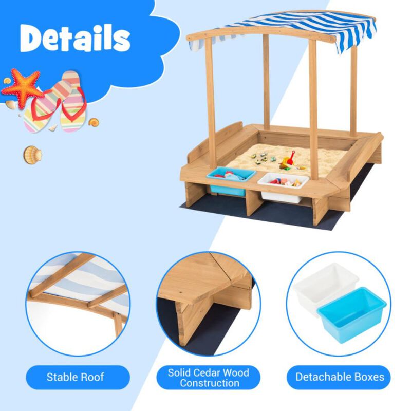 Hivvago Kids Wooden Sandbox with Striped Canopy