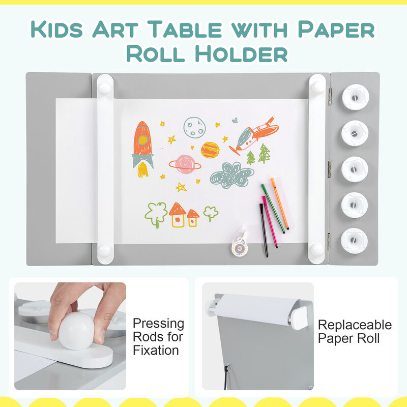 2-in-1 Kids Wooden Art Table and Art Easel Set with Chairs Storage Bins Paper Roll