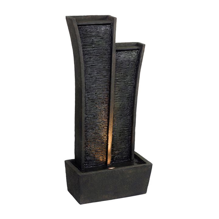 41 Inch Tower Water Fountain, Tall Rectangular Rock, Halogen Light, Gray - Benzara