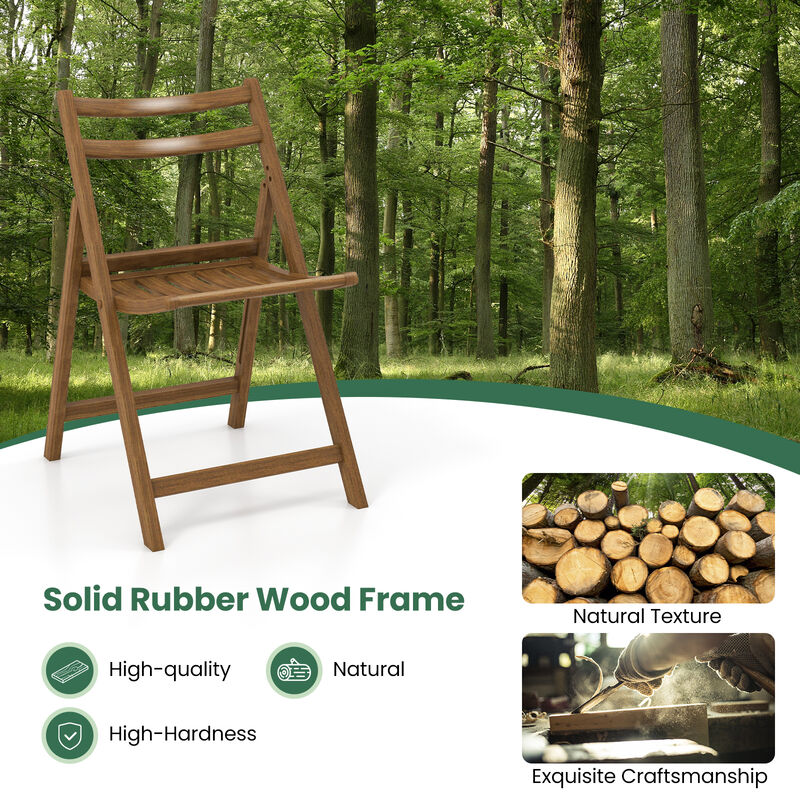 Rubber Wood Frame and Folding Dining Chair Set of 2 with Slatted Seat