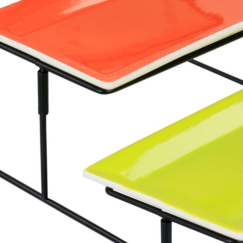 Gibson Home Crenshaw Hand Painted Stoneware 3-Tier Serving Set with Metal Rack in Multicolor