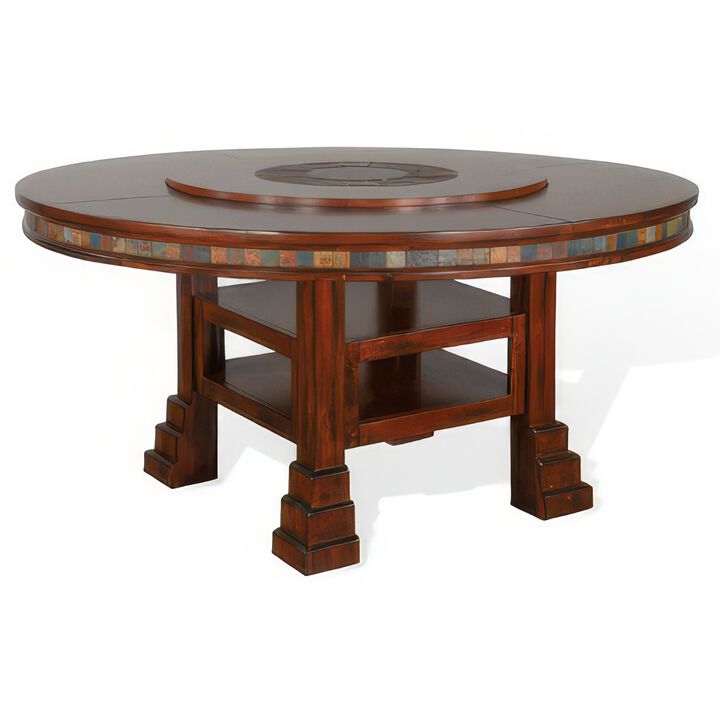 Odell Dining Table w Lazy Susan, 2 Shelves, 60 Inch Round Dark Brown - Benzara