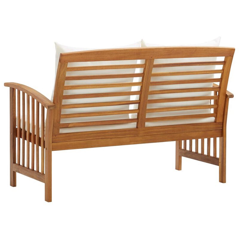 Mia Outdoor Loveseat Bench, Gray Cushions, Brown Solid Wood, 47 Inch - Benzara