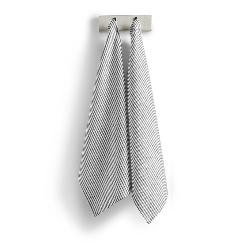 Solino Home 100% Pure Linen Kitchen Towels Set of 2 - 17 x 26 Inch | Narrow Stripe