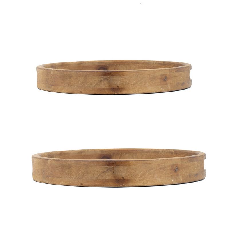 18, 15 Inch Round Decorative Tray, Marble Effect, Brown Fir Wood Frame-Benzara