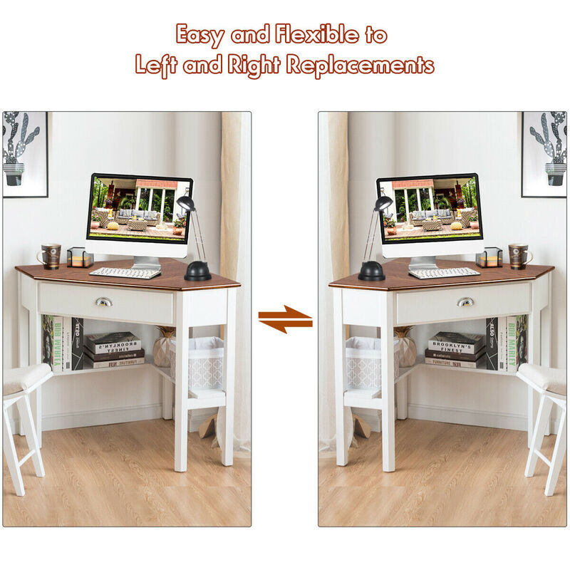 Costway Triangle Computer Desk Corner Office Desk Laptop Table w/ Drawer Shelves Rustic Natural &White