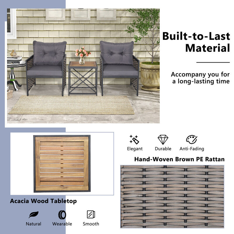 3 Piece Patio Rattan Furniture Set with Acacia Wood Tabletop