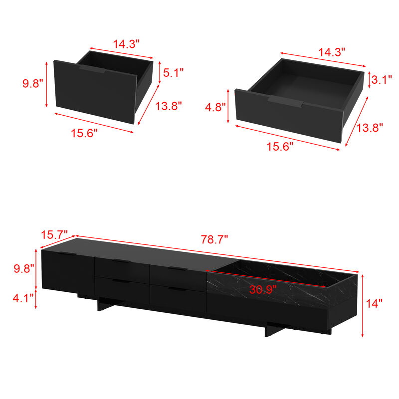 FUFU&GAGA Modern High-Gloss Black TV Stand with Marble Texture, 5 Drawers and Open Storage Compartment (78.7" W x 15.7" D x 14" H),Black