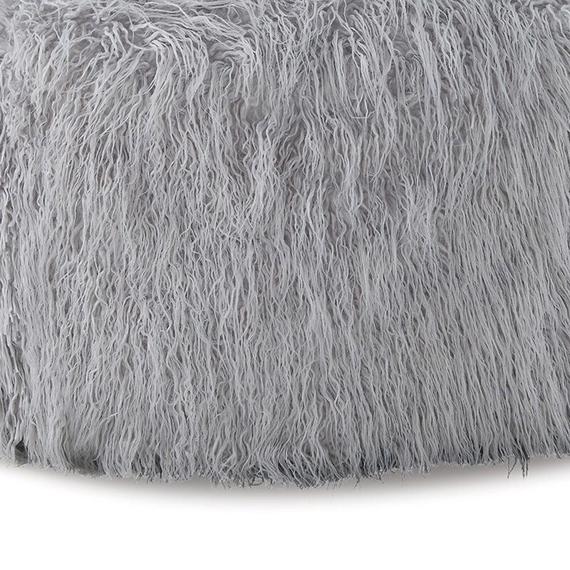 Lacey Oversized Accent Ottoman, Light Gray Faux Fur, Soft Cushion, 39 Inch - Benzara