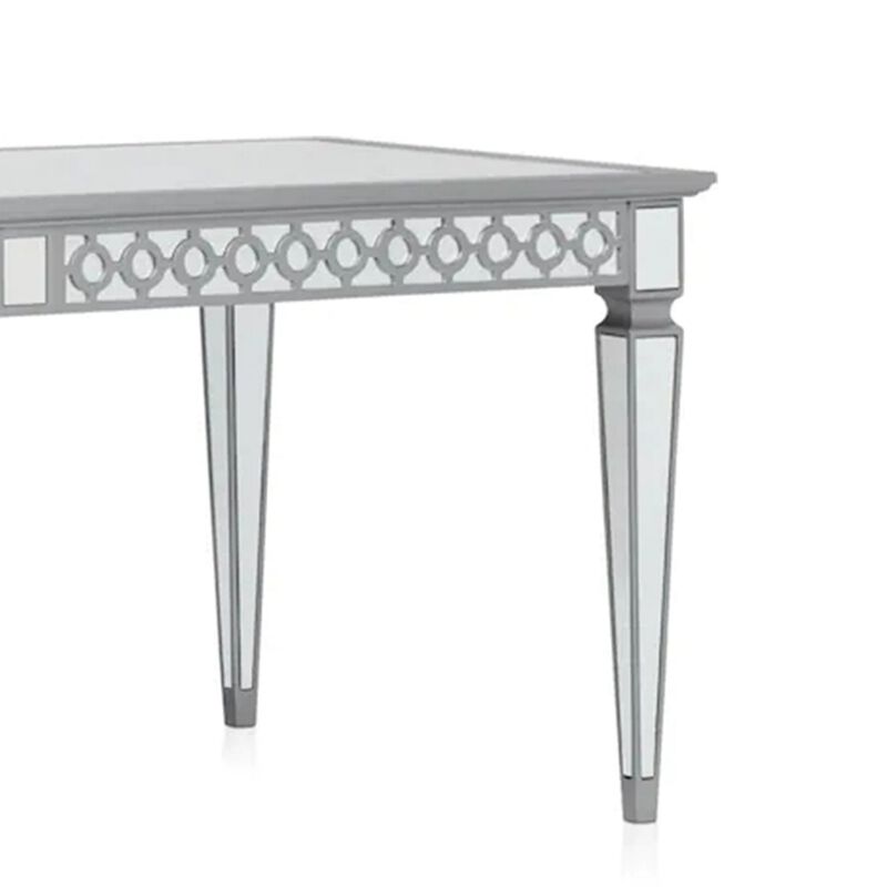 Ada 72-90 Inch Dining Table, Extendable Rectangular Top, Mirrored, Silver - Benzara