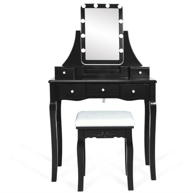 Hivvago 10 Dimmable Light Bulbs Vanity Dressing Table with 2 Dividers and Cushioned Stool-Black