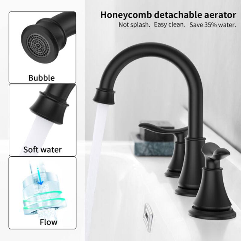 2-Handle Widespread Bathroom Sink Faucet, Matte Black  3-Hole Vanity Faucet with Swivel Spout