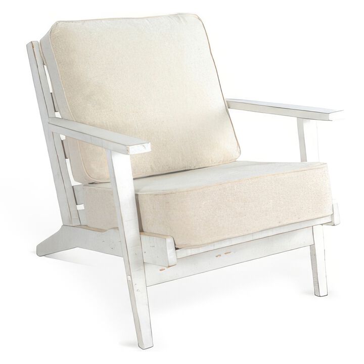 Rena Accent Lounge Chair, Beige Seat, Classic Sand White Solid Wood - Benzara
