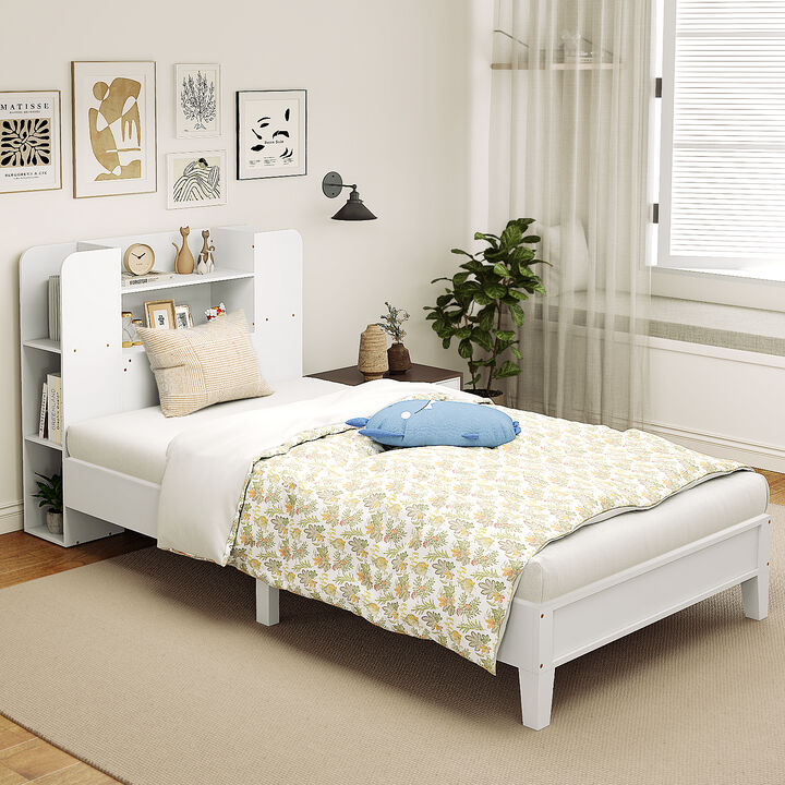 Wooden Platform Bed Frame with Bookcase Headboard