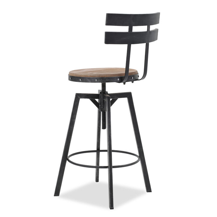 Antique Firwood and Metal Barstool with Smooth Seat Backing