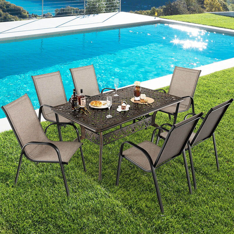 59 Inch Aluminum Patio Dining Table with Umbrella Hole fot 6 Persons