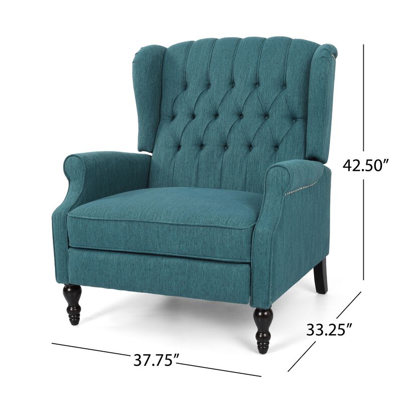 Jade Oversize Wide Chair Manual Recliner, Wingback, Teal Button Tufted - Benzara