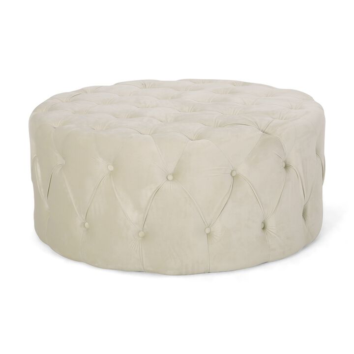 Vivan Ottoman, Tufted Beige Velvet, Soft Cushions, Round 40 Inch Top - Benzara