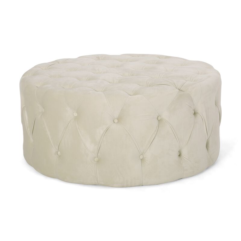 Vivan Ottoman, Tufted Beige Velvet, Soft Cushions, Round 40 Inch Top - Benzara