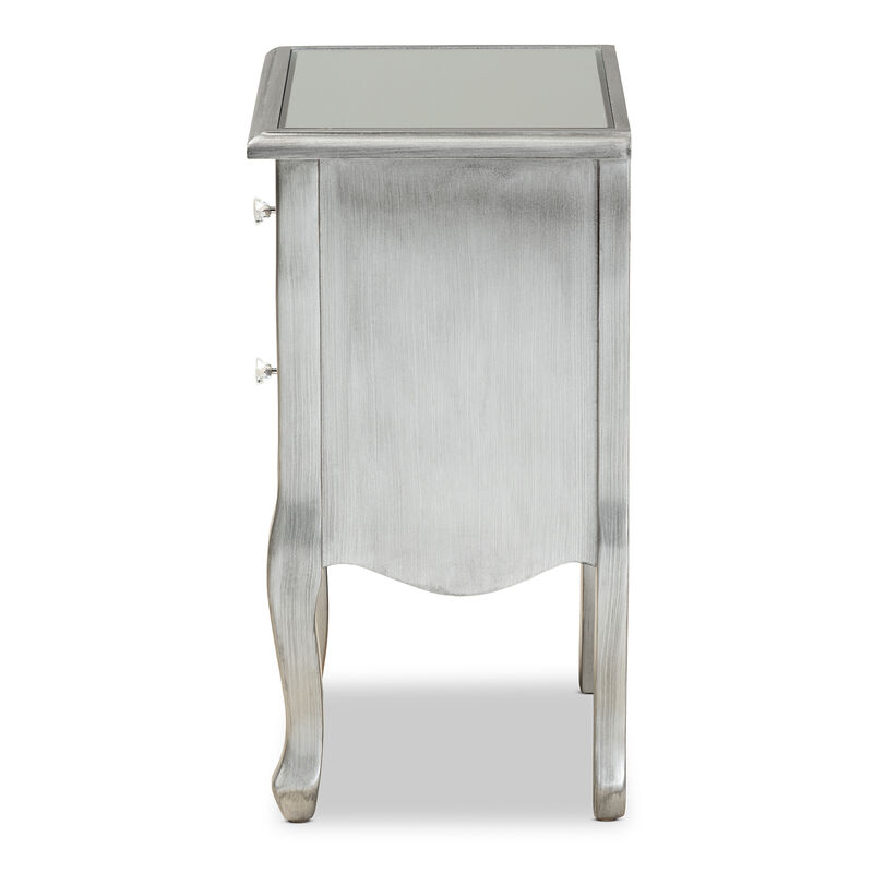 Baxton Studio Leonie Brushed Silver Finished Wood and Mirrored Glass 2 Drawer End Table