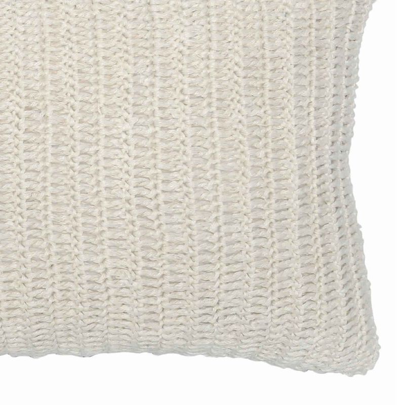 Rectangular Fabric Throw Pillow with Hand Knitted Details, White-Benzara