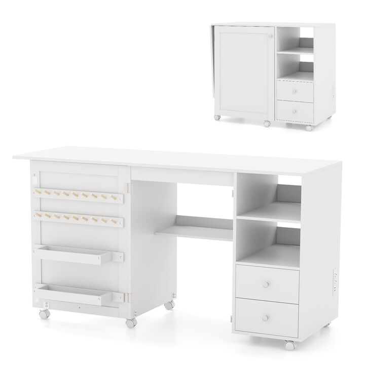Folding Sewing Table with Charging Station and Storage Shelves for Craft Room Organization Folding Sewing Table with Charging Station and Storage Shelves for Craft Room Organization
