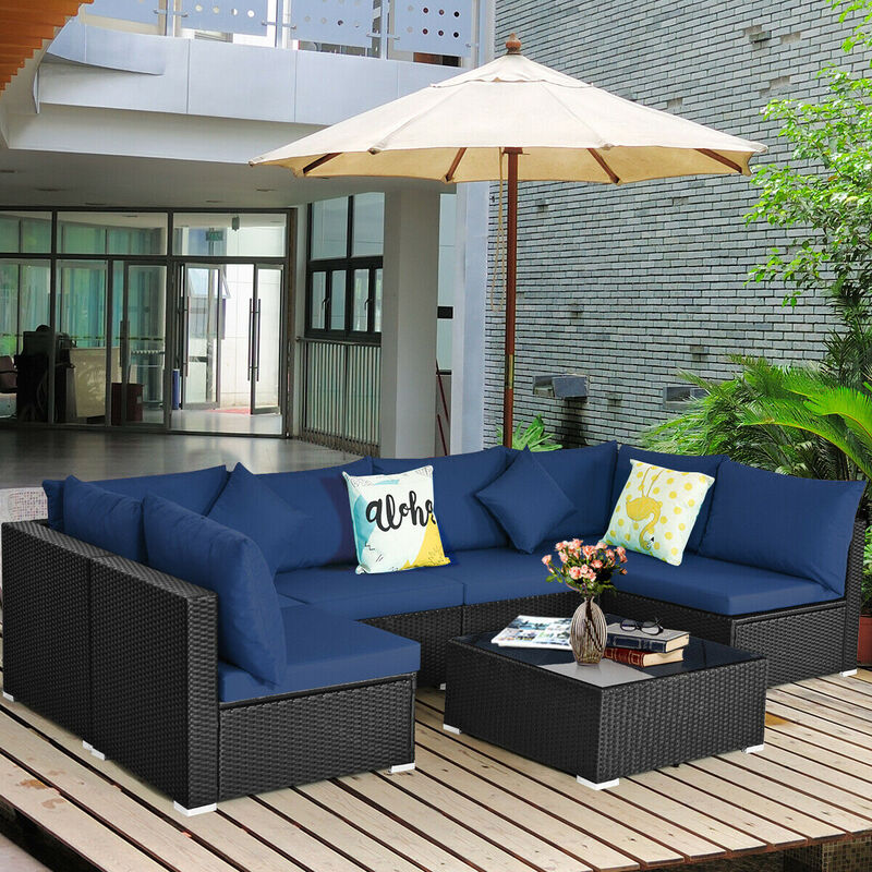 7 Pieces Sectional Wicker Furniture Sofa Set with Tempered Glass Top-Navy